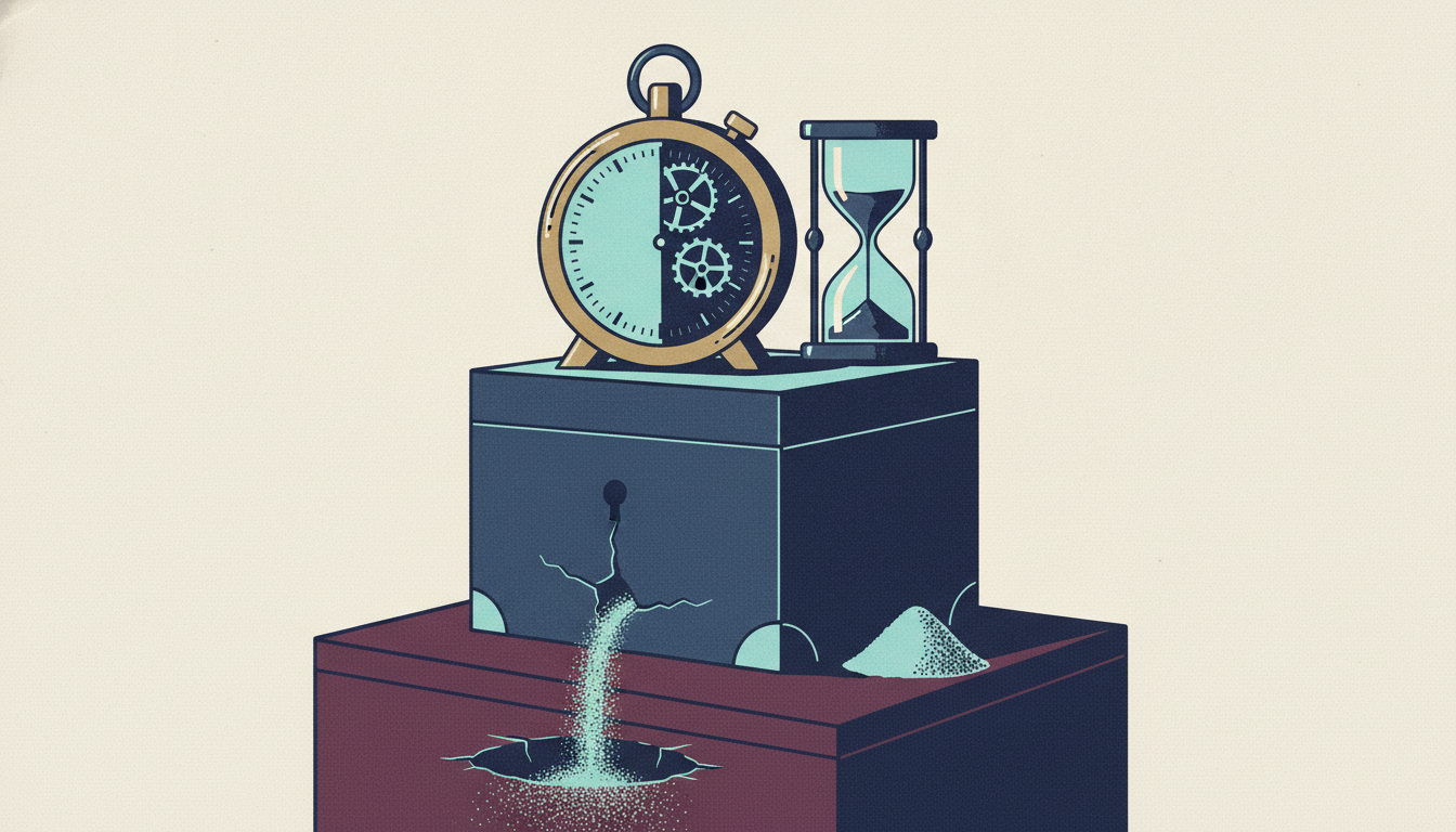 A brass mechanical timer rests on a cracked iron lockbox leaking fine metallic dust onto a dark polished table.