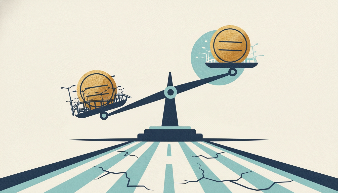 An antique balance scale tilts sharply while holding two identical brass tokens on opposite pans along an open highway.