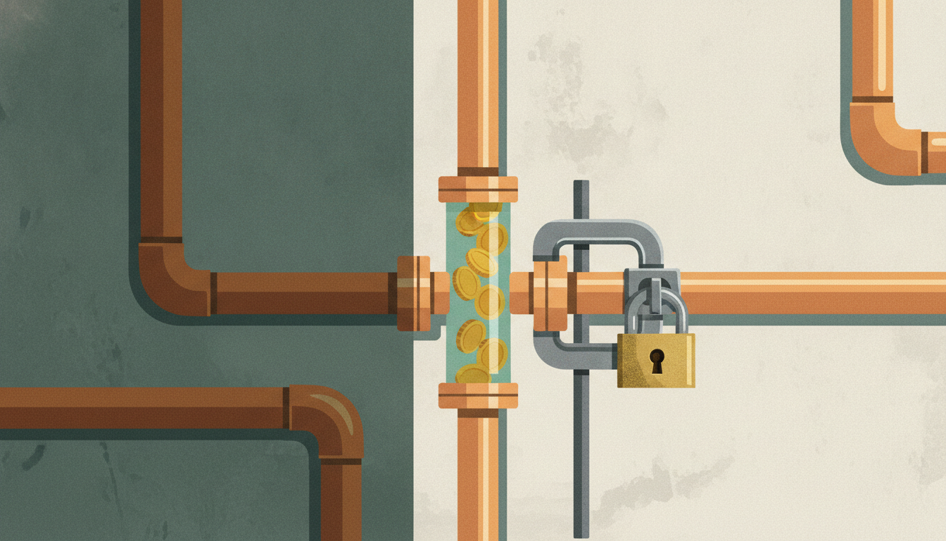 Gold coins flow through a glass section of copper pipe secured by an iron clamp and a brass padlock.