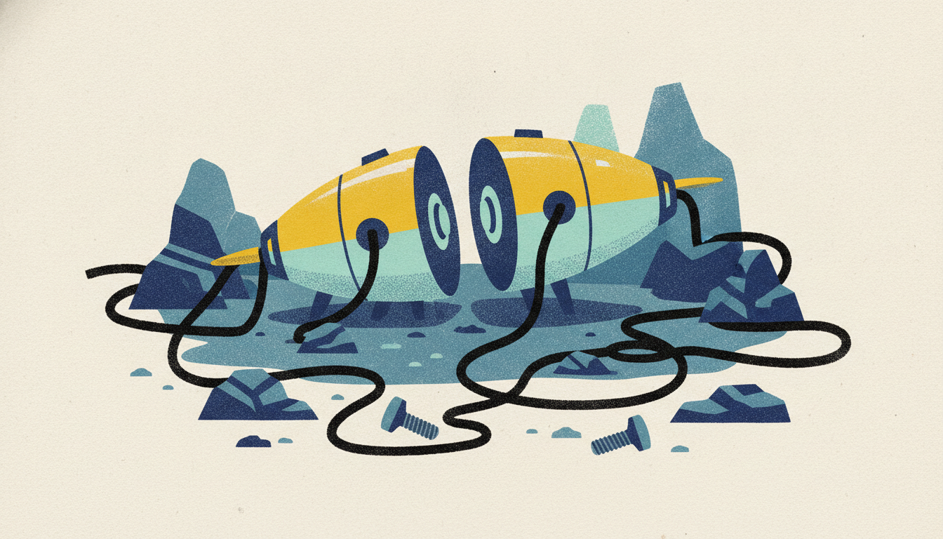 A bright yellow underwater robotic drone sliced in half rests on a dark, rocky seabed in murky ocean water.