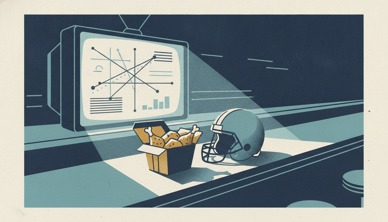 A glowing television set illuminates a carton of fried chicken and a football helmet on a counter.