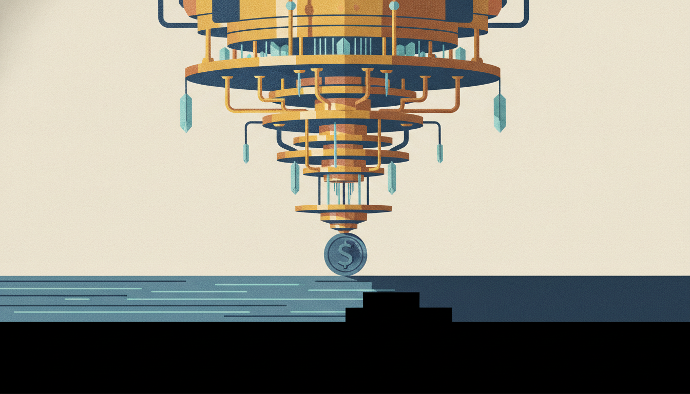 A massive gold quantum computer chandelier balances delicately on a single coin at the edge of a workbench.