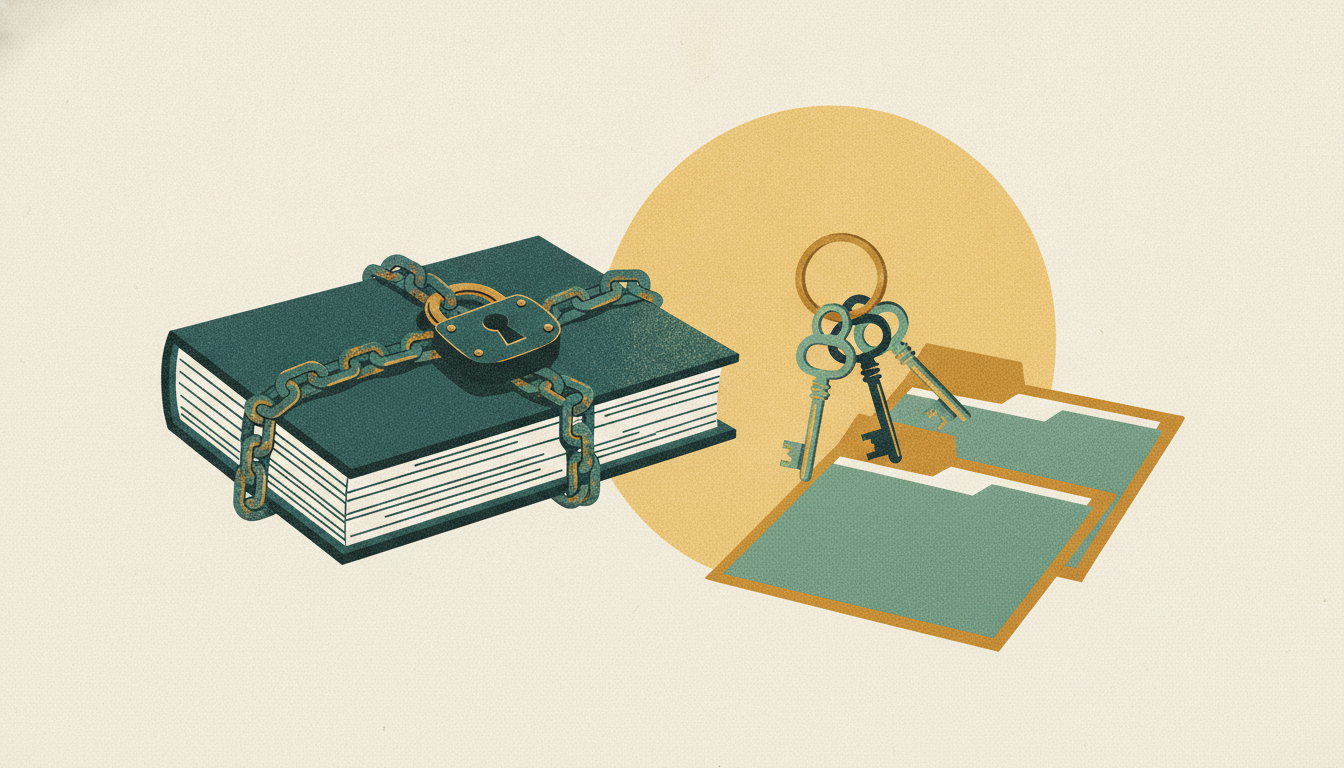 A closed accounting ledger secured with a padlock sits on an oak desk beside a ring of brass keys and open folders.