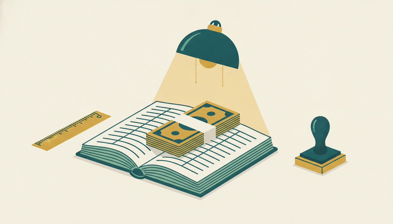 A bundle of paper currency rests inside an open green accounting ledger under the warm glow of a brass banker's lamp.