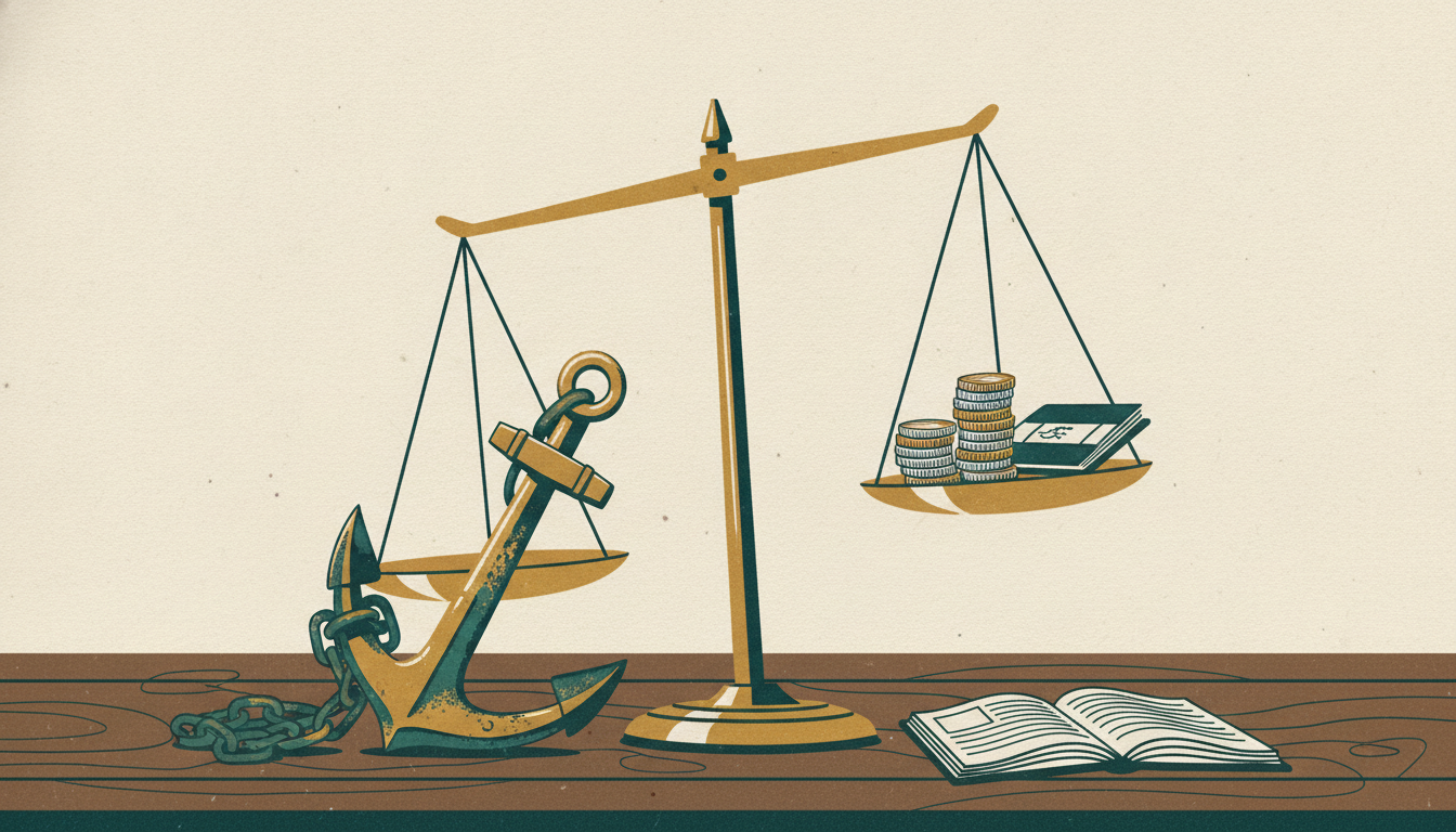 A brass balance scale tilts steeply on a wooden desk, weighed down by a heavy anchor opposite a small stack of coins.