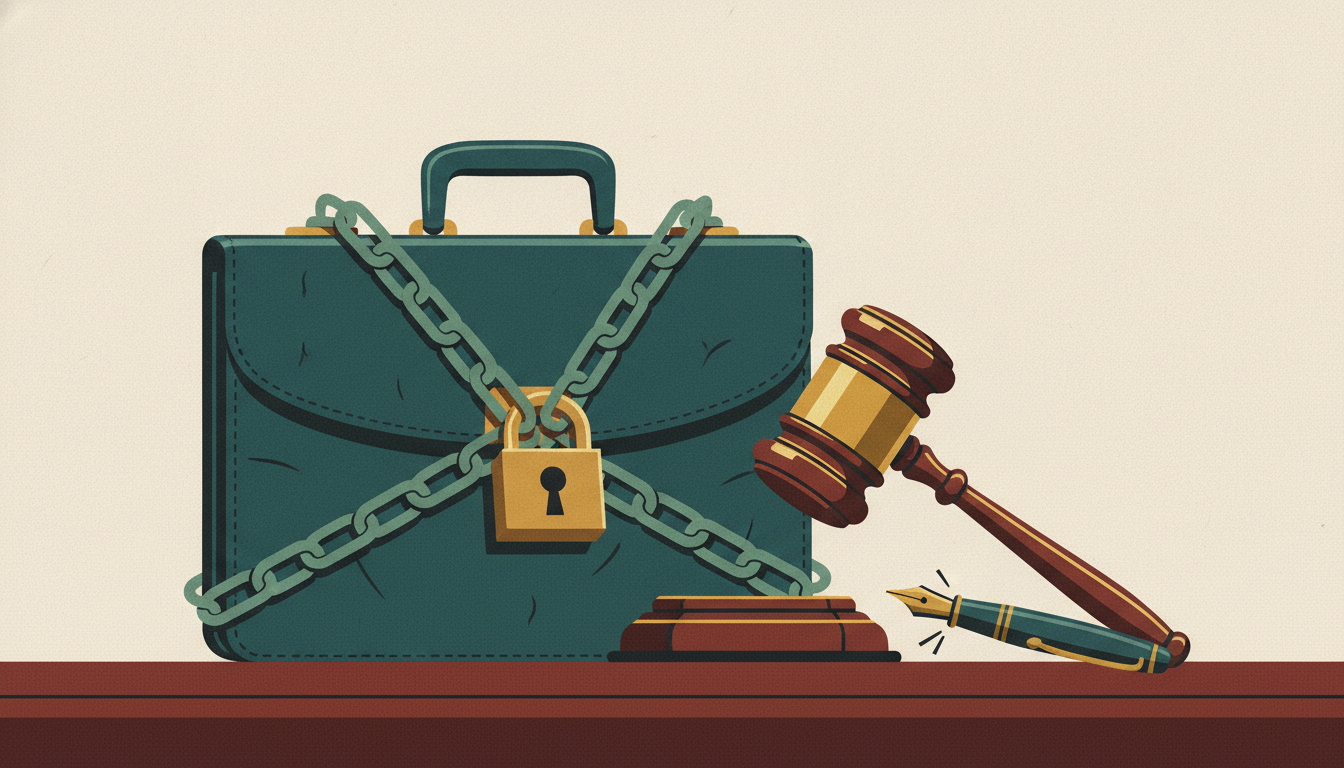 A wooden judge's gavel rests on a leather briefcase wrapped in heavy chains and secured with a brass padlock.