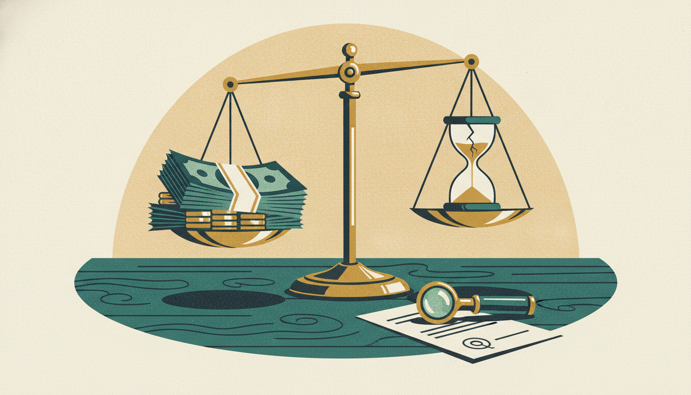 A brass balance scale tilted by paper currency and a cracked hourglass rests on a dark oak desk beside a jeweler's loupe.