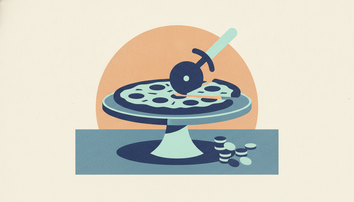A fresh pizza rests under a warm buffet lamp, split down the center by a heavy metal blade beside a scatter of coins.