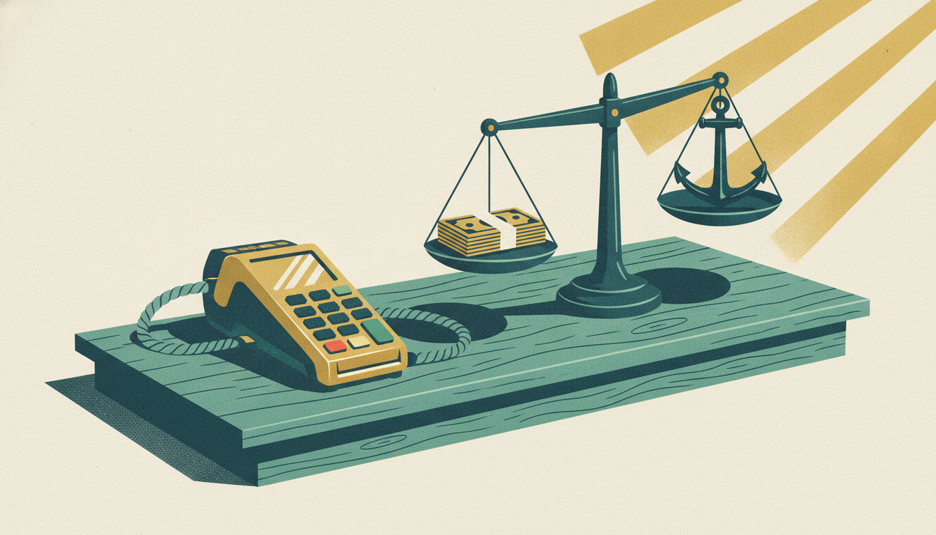 A payment terminal on a wooden shop counter connects to an iron scale balancing paper cash against an anchor weight.