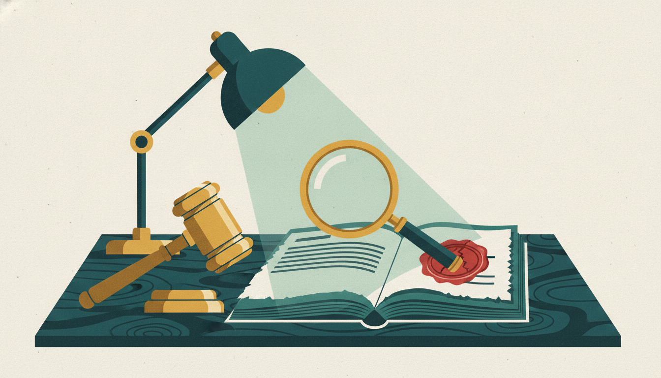 A heavy brass gavel and cracked red wax seal sit atop a funding contract under a harsh desk lamp.