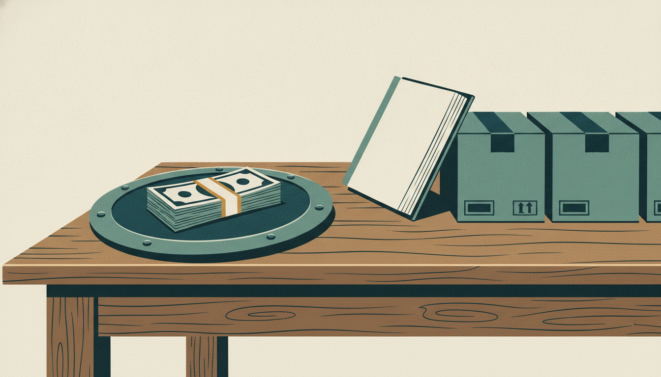 A banded stack of cash rests safely on a flat steel shield beside an open ledger and stacked warehouse boxes.