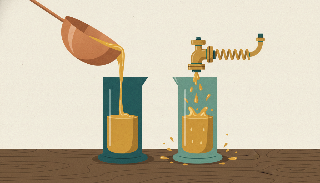 Two glass measuring cylinders sit on an oak desk, one filling smoothly while the other catches rapid drips under pressure.