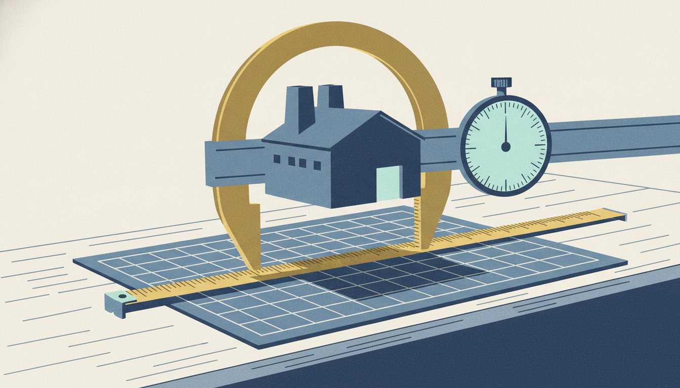 A miniature concrete warehouse is measured with a brass caliper on a gridded mat beside a drooping tape measure.