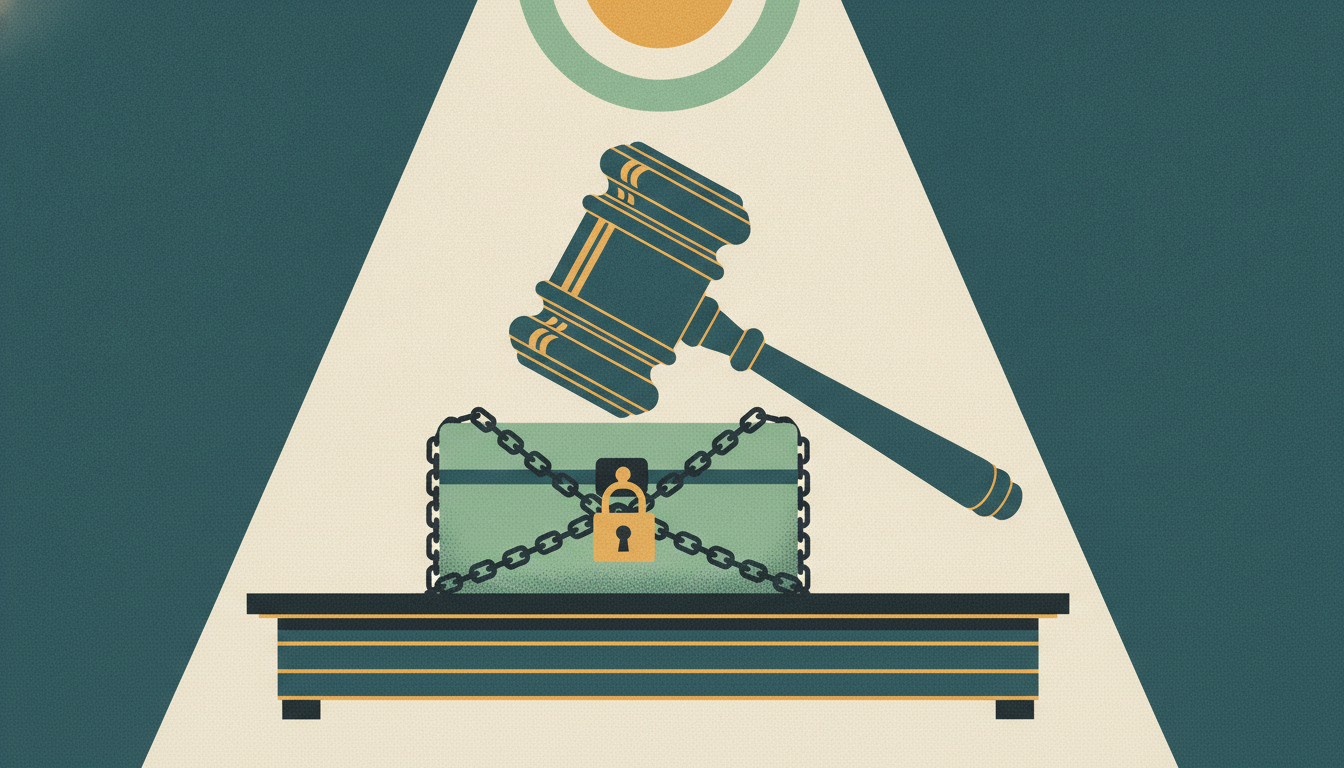A wooden gavel rests on a steel cashbox wrapped in heavy iron chains and a padlock on a dark mahogany desk.