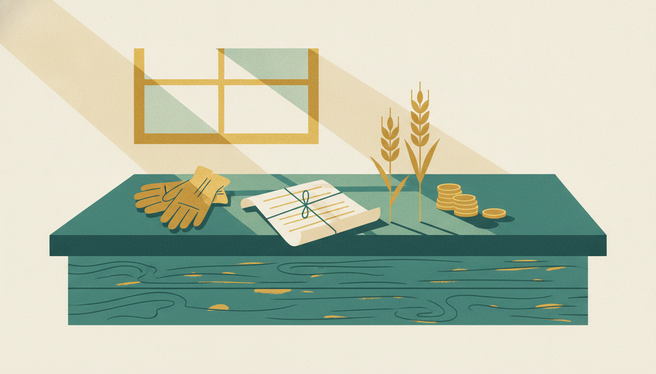 A tied document parcel, leather work gloves, wheat stalks, and a stack of coins sit on a rustic wooden counter.