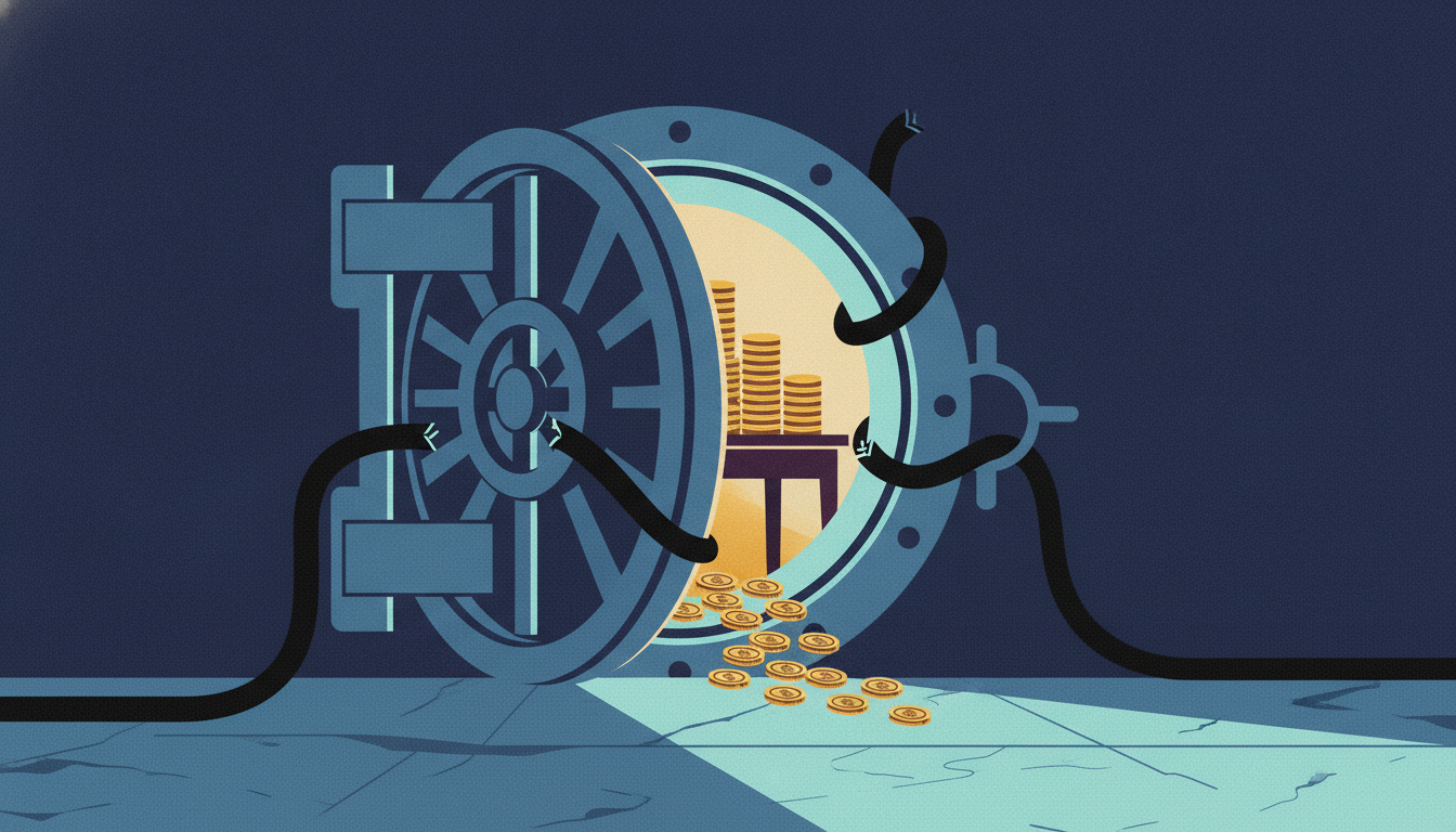 A heavy steel bank vault door sits cracked open beside severed cables, revealing glowing stacks of gold coins inside.