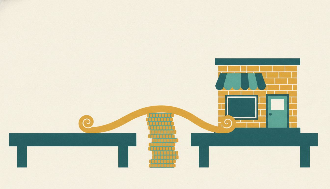 A stack of coins bridges an empty gap between a parchment roll and a miniature storefront.