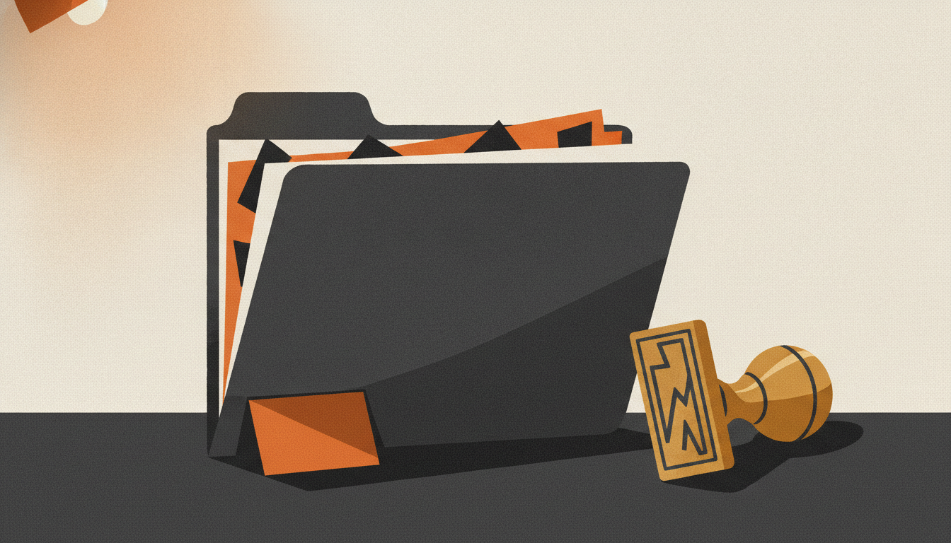 A thick loan folder stopped on a wooden desk by a small green card wedged underneath, beside a tipped-over brass stamp.