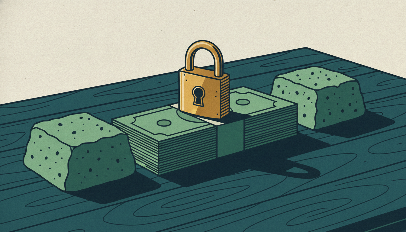 A thick stack of banded banknotes spans a wide gap between two heavy stone blocks on a wooden table.