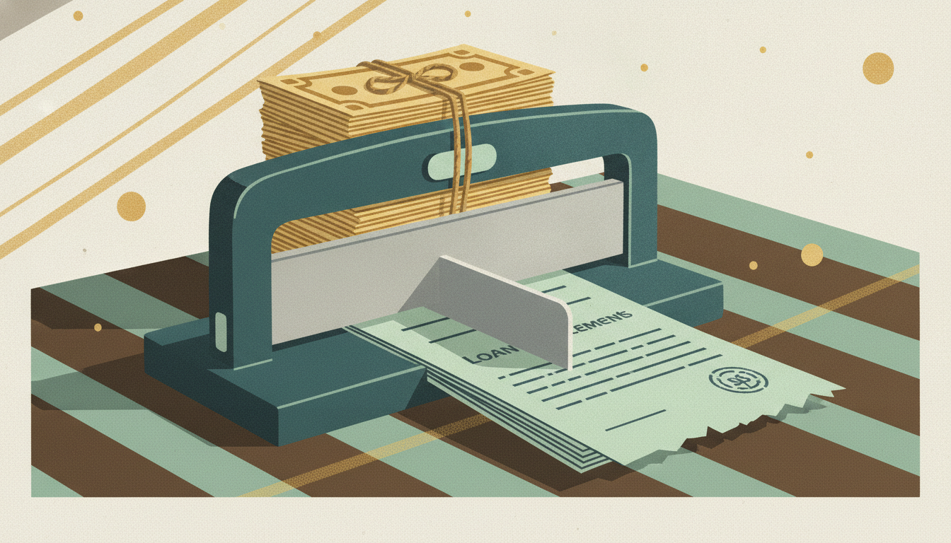 A heavy paper cutter slices a thick contract in half, weighted down by a bundle of stock certificates on a desk.