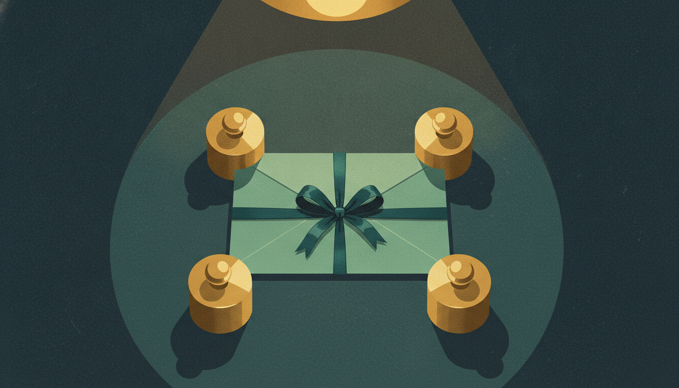 A ribbon-tied gift envelope is pinned to a dark wooden desk beneath three heavy brass weights.