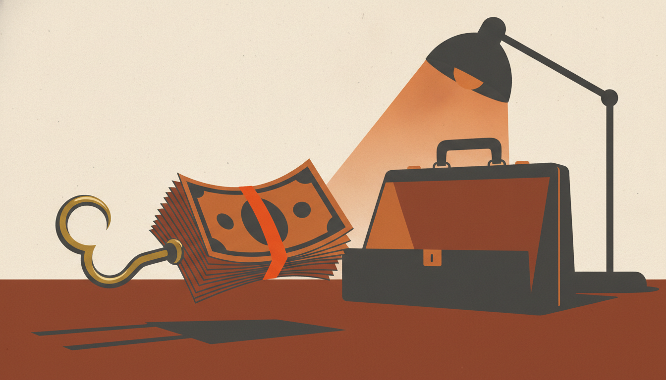 A thick stack of cash is pulled backward across a dark wooden desk by a brass hook.