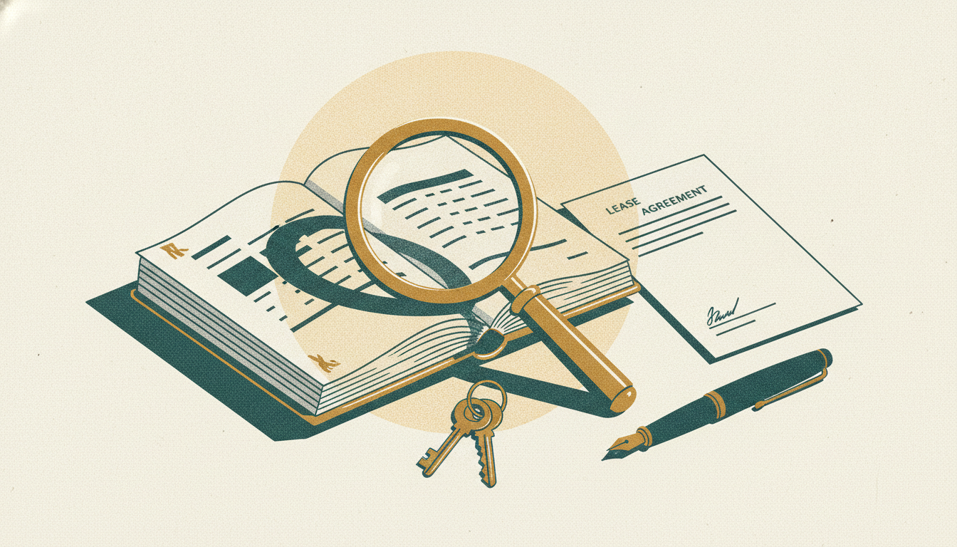 A magnifying glass rests on an open registry ledger beside an unsigned lease agreement and brass storefront keys.