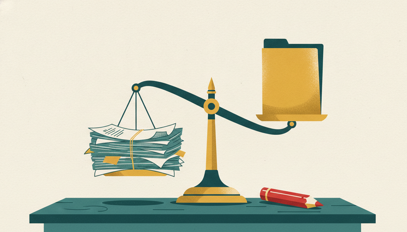 A brass scale tilts sharply under a heavy bundle of paper documents, completely outweighing a lone glossy brochure.