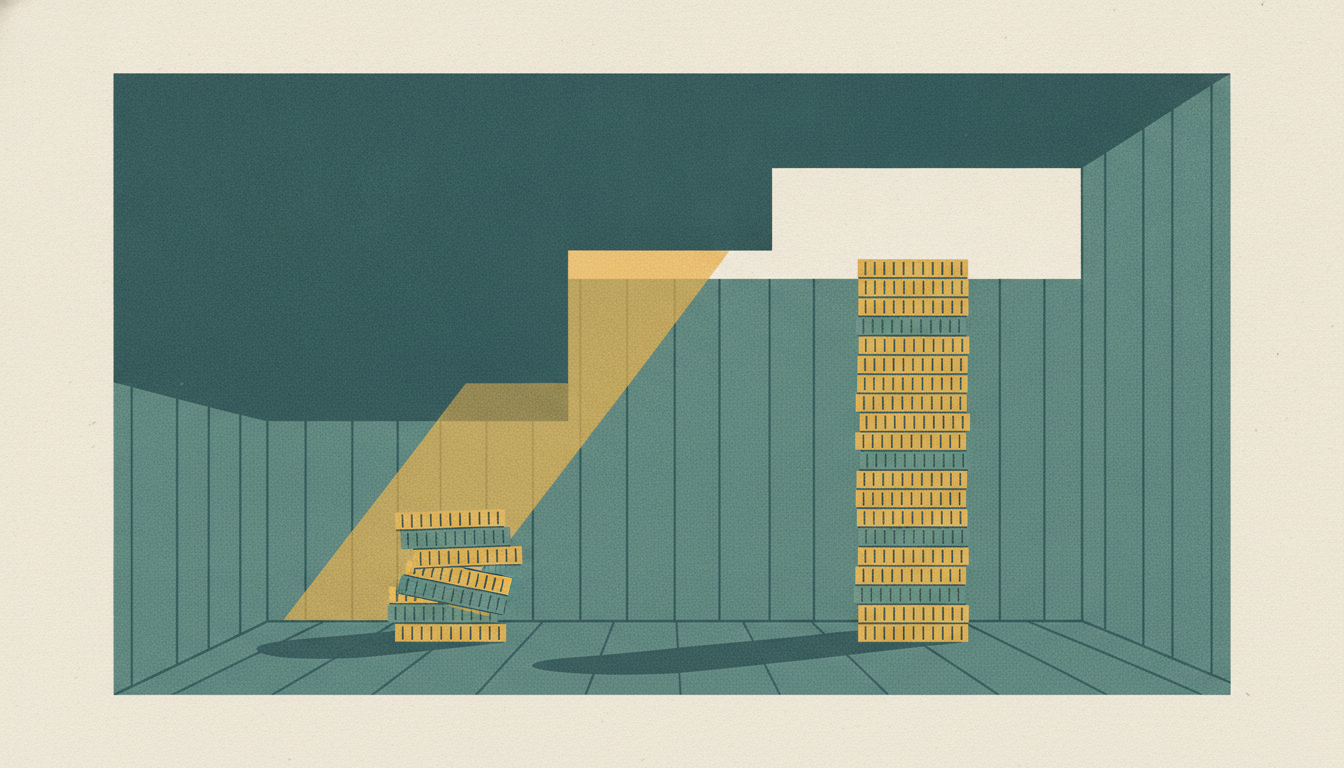 A modest stack of coins is pinched under a low stepped ceiling while a taller stack stands freely in open space.