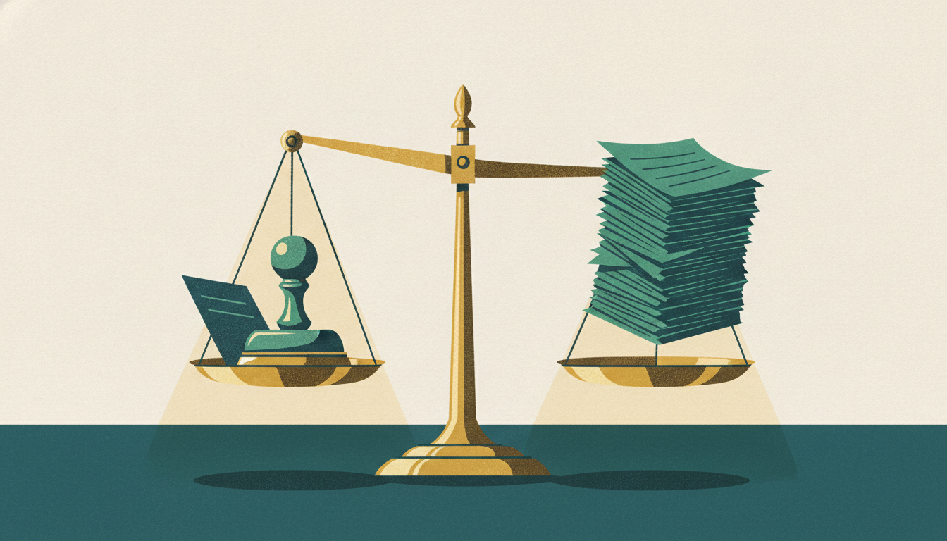 A brass balance scale tilts sharply toward a small paper stack weighted with iron, lifting a taller stack into the air.