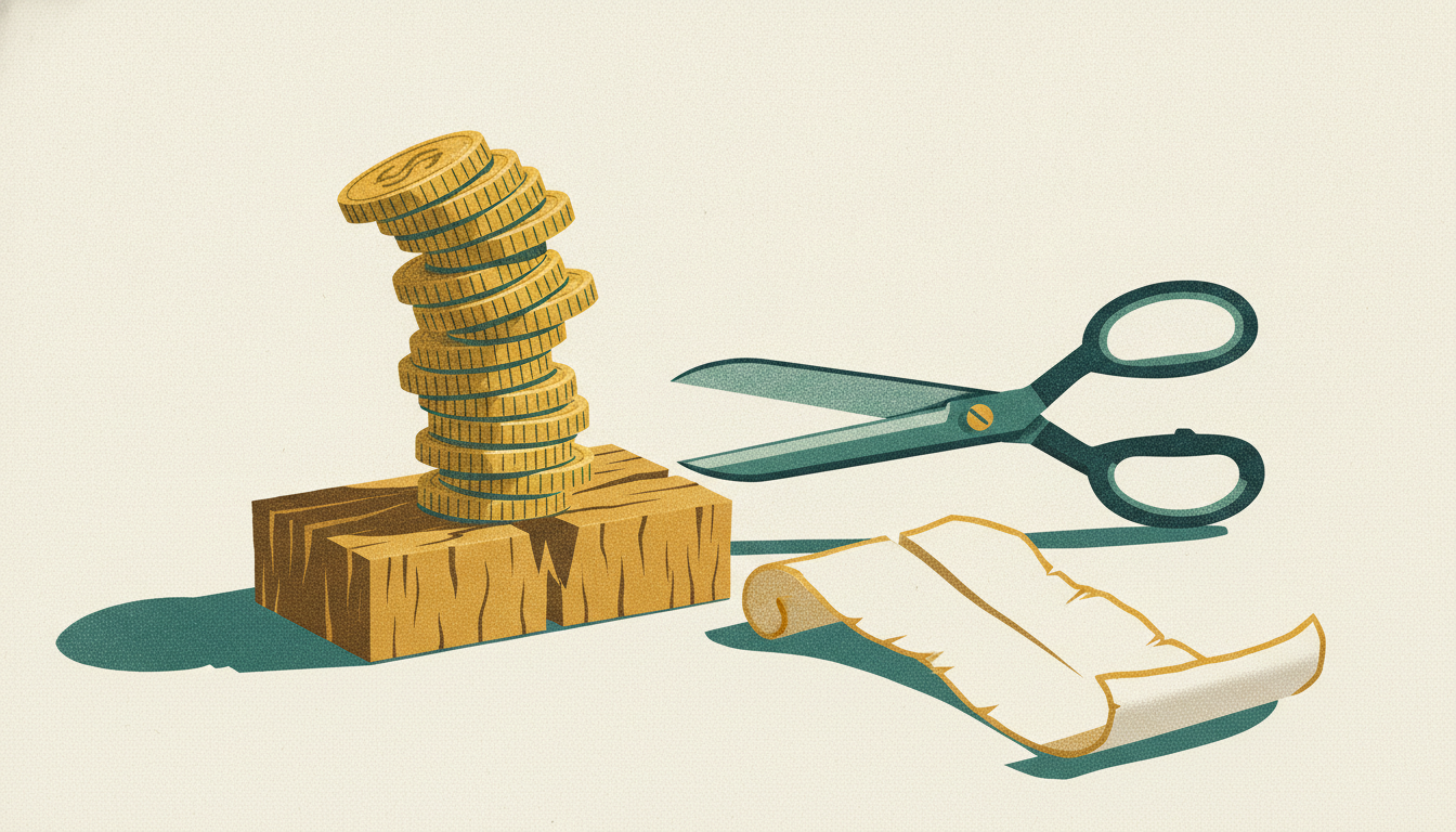 A towering, precarious stack of heavy coins balances on a wooden block cut short beside heavy metal shears.