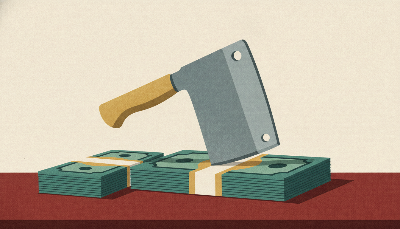 A heavy steel cleaver splits a thick stack of cash on a dark wooden desk, leaving a sliced portion pushed aside.