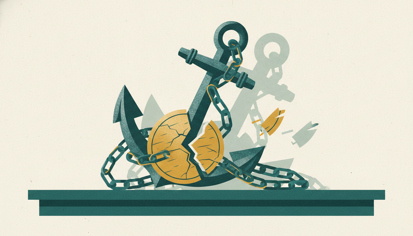 A heavy iron anchor and chain bind a split wooden disc to a dark desk, holding both uneven pieces firmly in place.