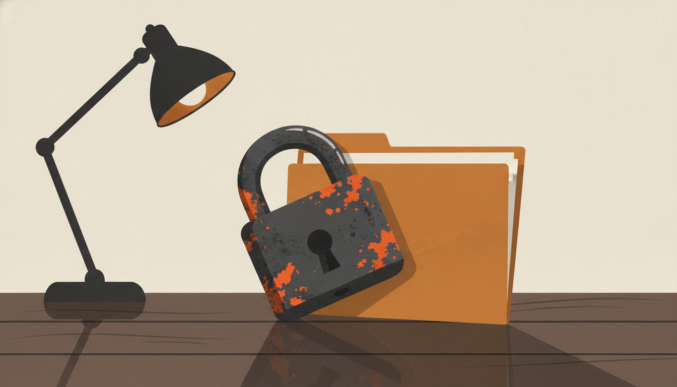 A heavy, rusted iron padlock clamps shut the edge of a clean paper document on a dark wooden desk.