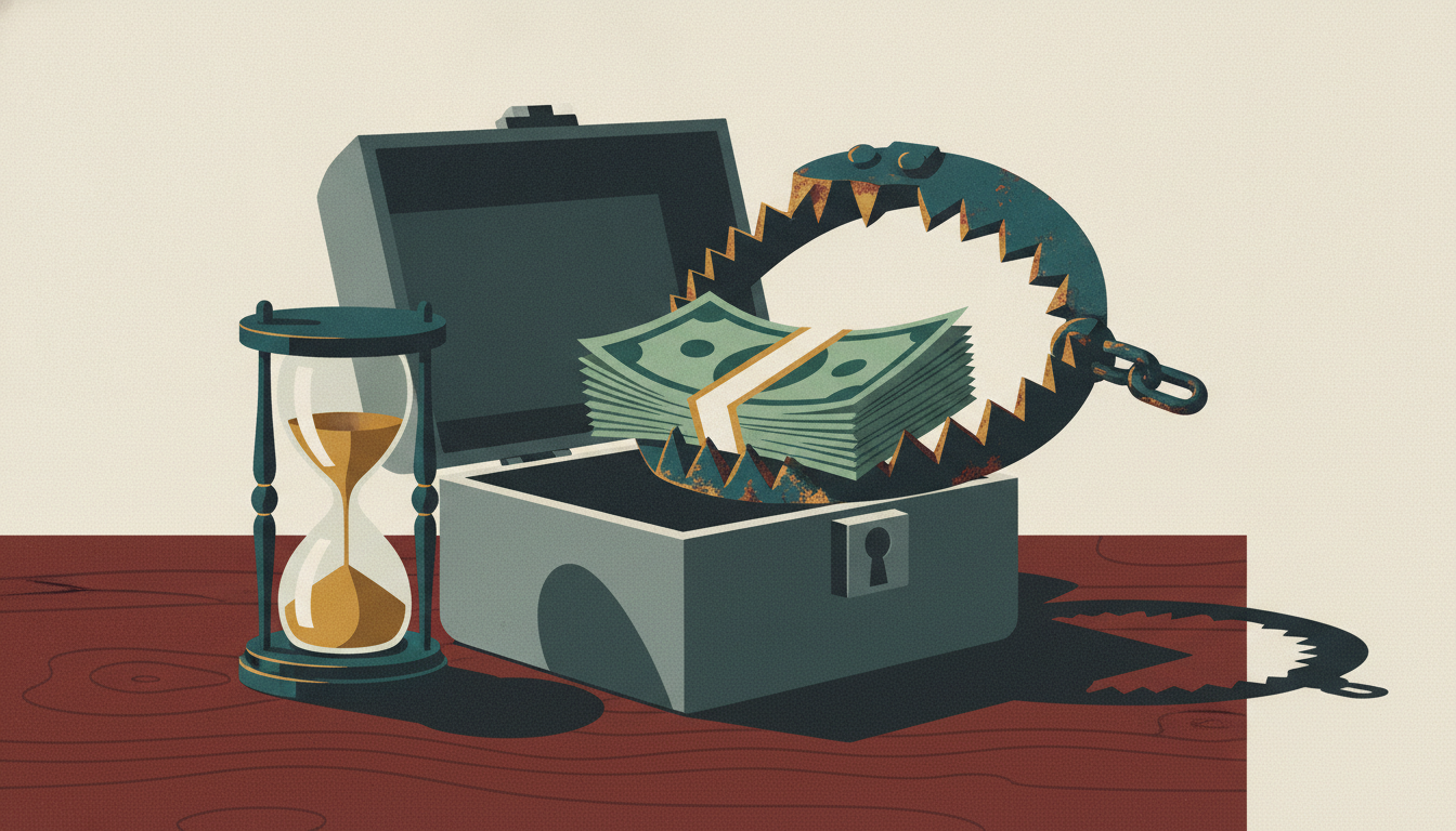 A spring-loaded bear trap bites into a stack of cash inside an open steel lockbox next to an unfinished hourglass.