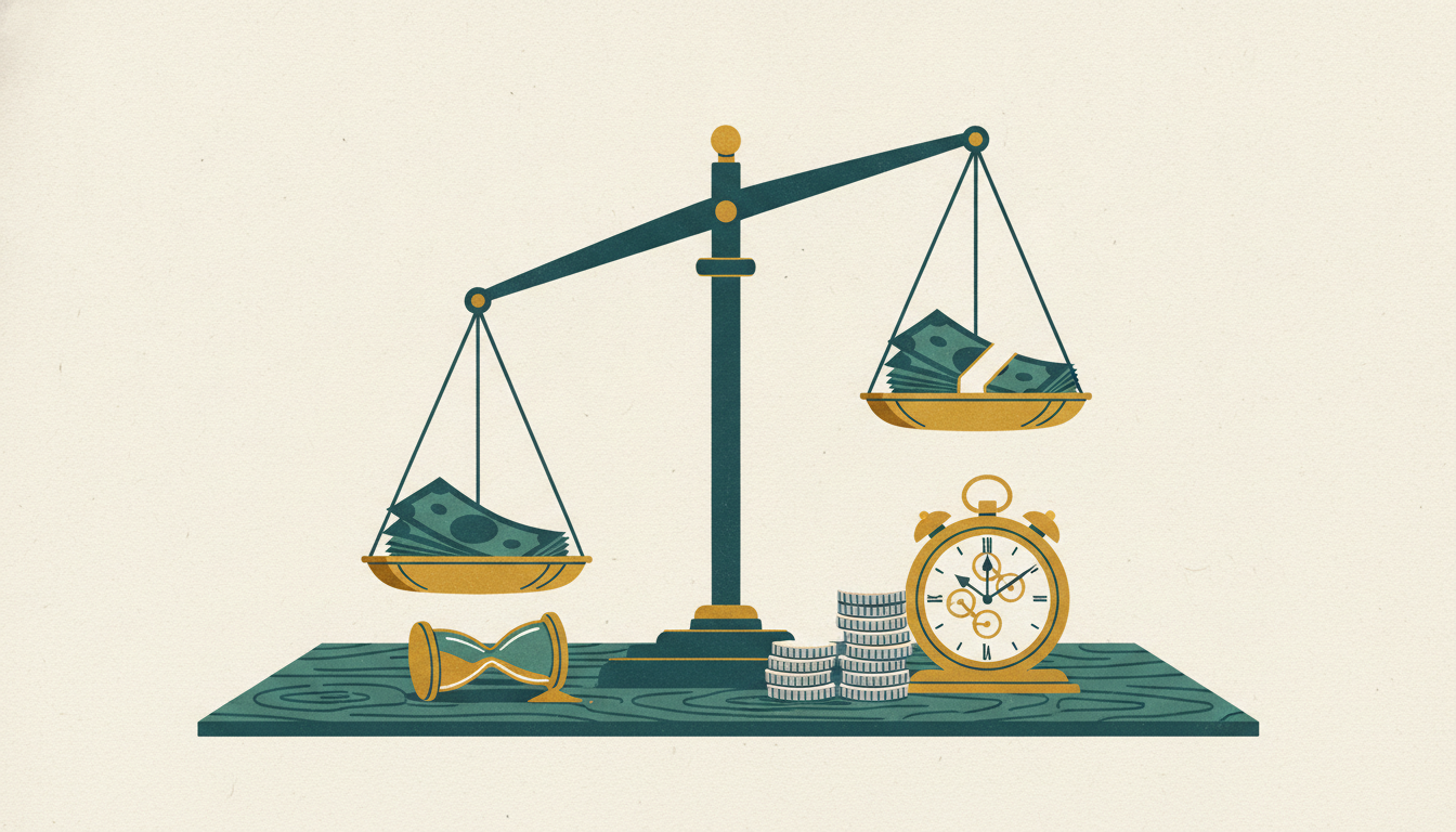 A brass scale balances a neat stack of coins and a clock against loose paper currency and a drained hourglass.