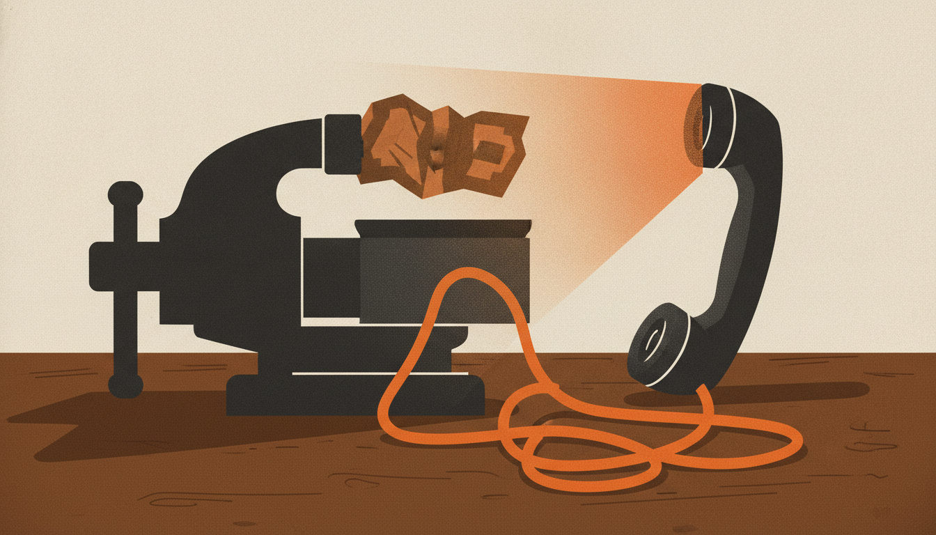 An iron vise clamps down on a stack of paper bills on a desk beside an off-the-hook telephone handset.