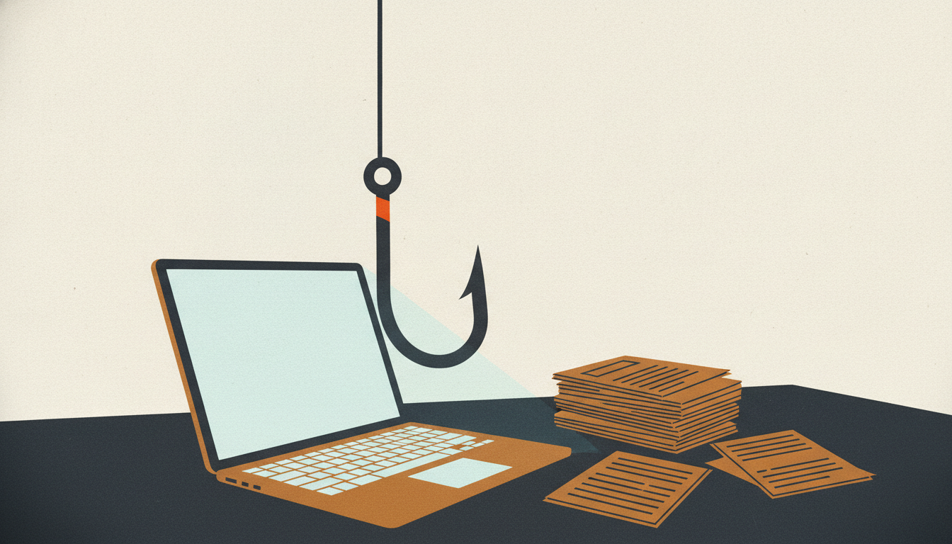 A steel fishing hook dangles ominously over a glowing laptop keyboard on a dimly lit wooden desk with financial papers.