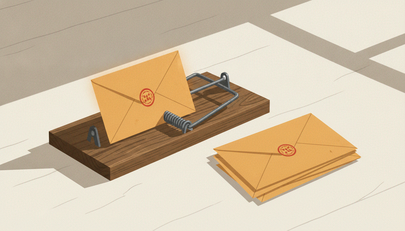 A manila envelope marked with a wet red stamp is caught inside a wooden snap trap on an office desk.