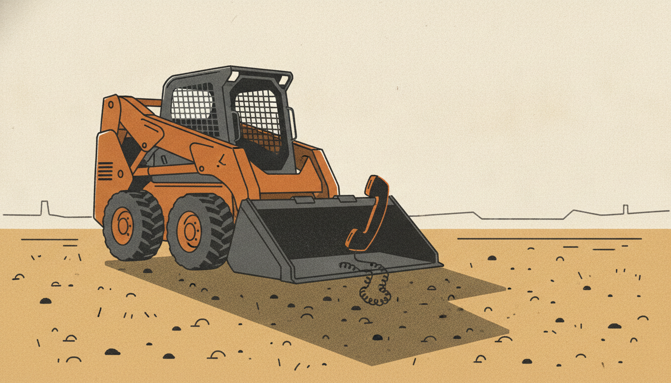 A severed telephone handset rests inside the bucket of a yellow skid steer parked on an empty gravel lot.