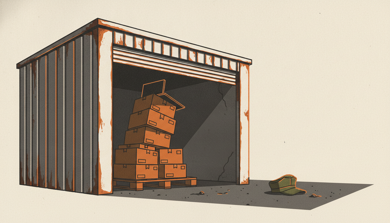 Sealed computer boxes stacked inside a dimly lit self-storage unit with a military cap discarded on the asphalt.