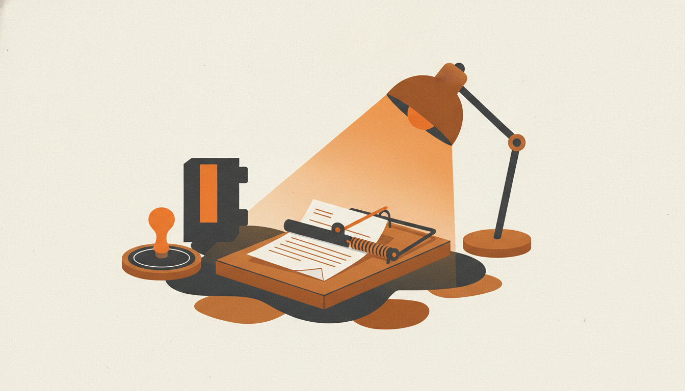 A wooden mousetrap snaps shut on a paper bill beside a printer toner cartridge on a desk.