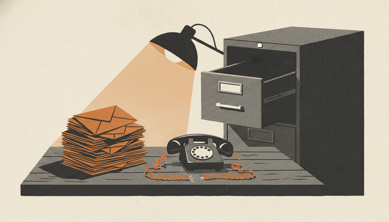 A stack of paper payment envelopes rests beside an office desk phone with a cleanly severed cord.