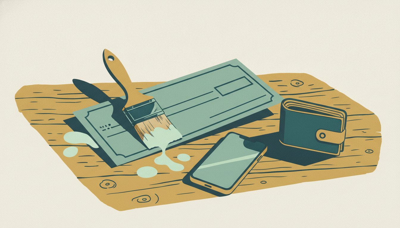 A wet paintbrush drips onto a paper bank check beside an illuminated smartphone and an empty wallet on a wooden table.