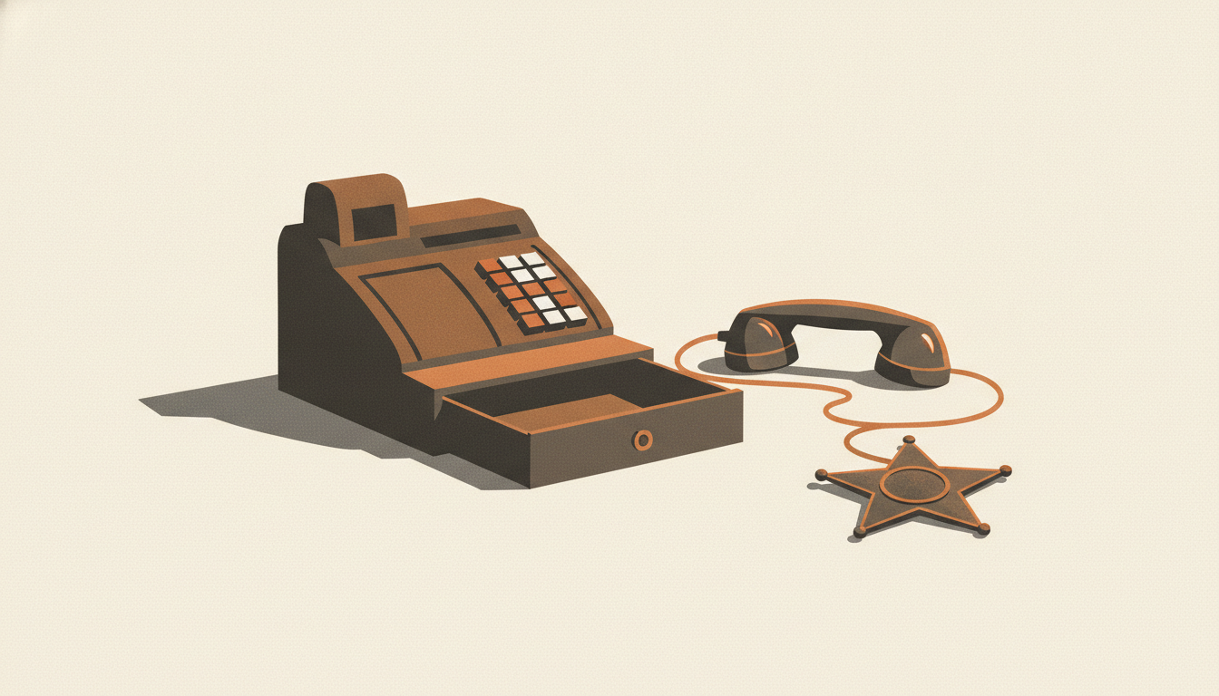 An empty cash register drawer sits open beside an off-the-hook telephone handset and a tarnished star badge.