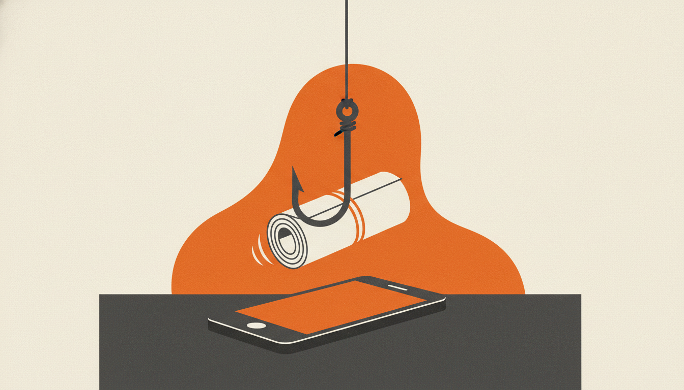A sharp fishing hook baited with a roll of money dangles directly over a smartphone on a dark desk.