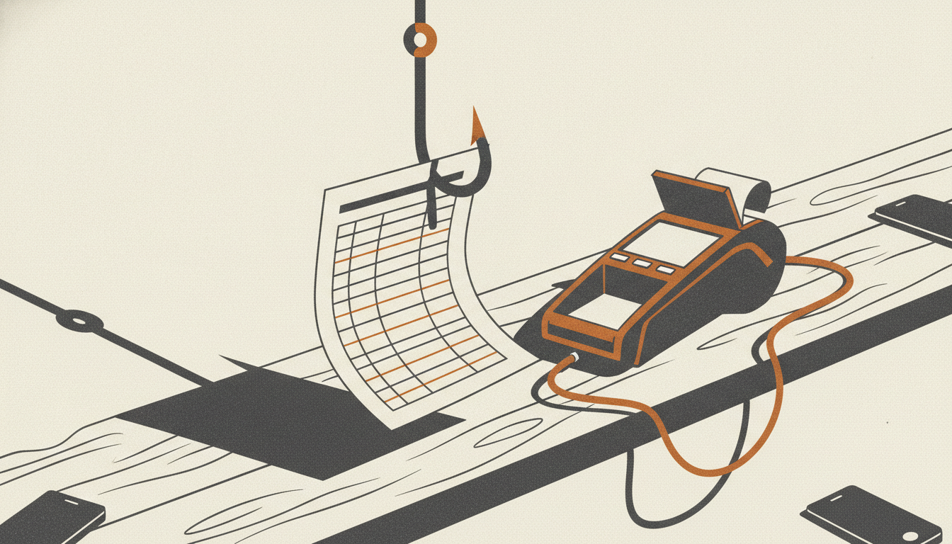 A steel fishhook snags a folded paper statement next to an unplugged credit card terminal on a dark wooden desk.