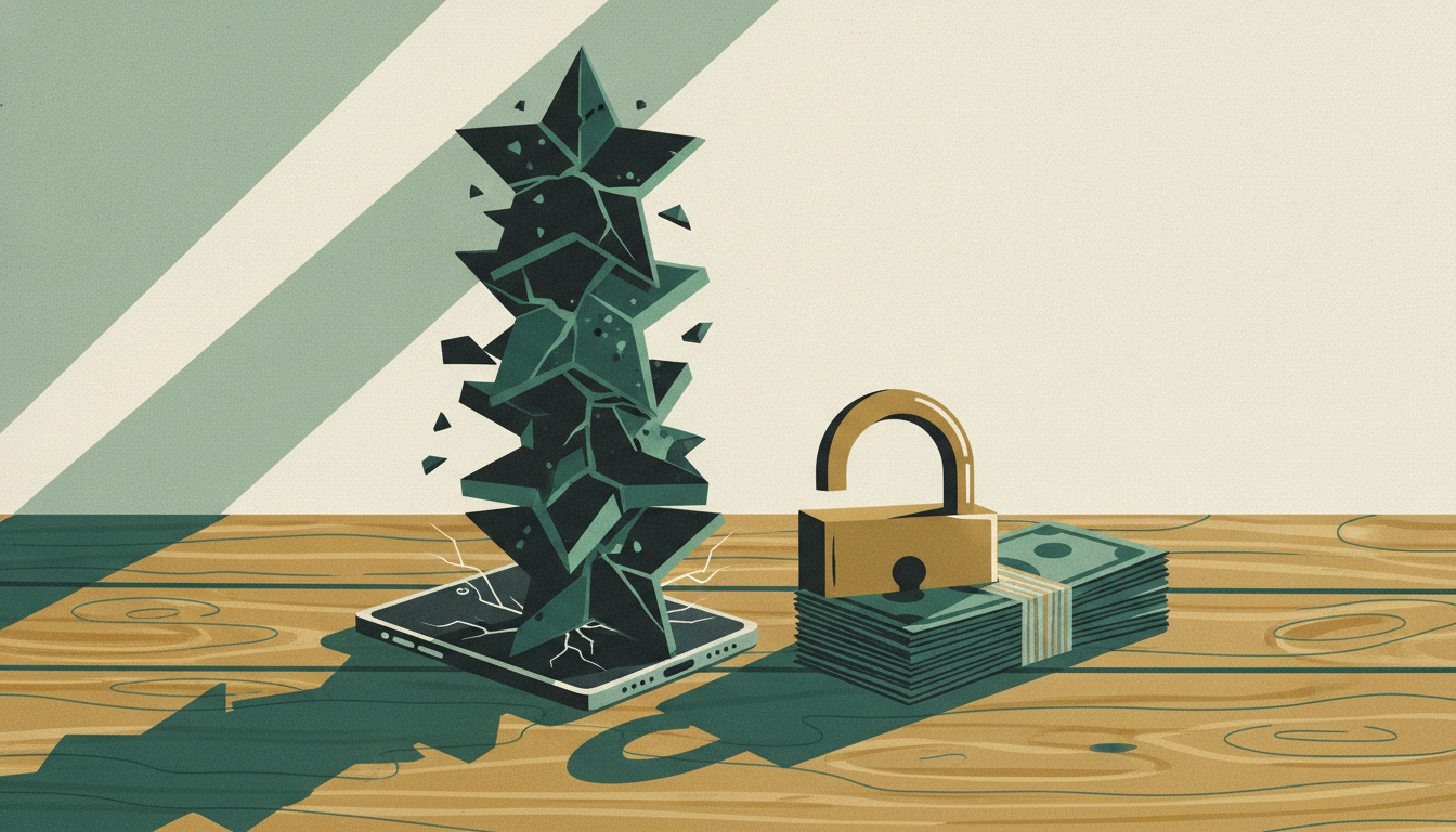Nine jagged black stone stars pile atop a smartphone on a wooden counter next to an open brass padlock and rolled cash.