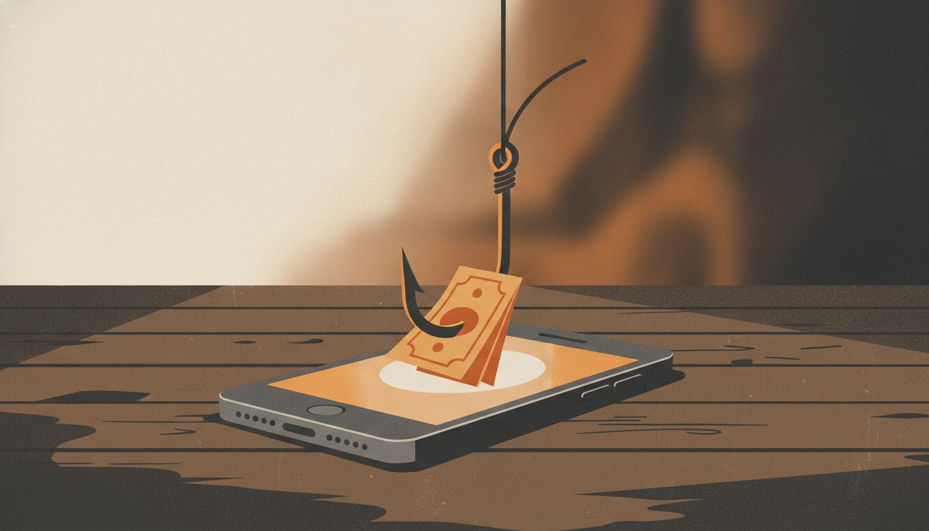 A sharp fishing hook baited with a folded bill emerges from the glowing screen of a smartphone on a wooden desk.