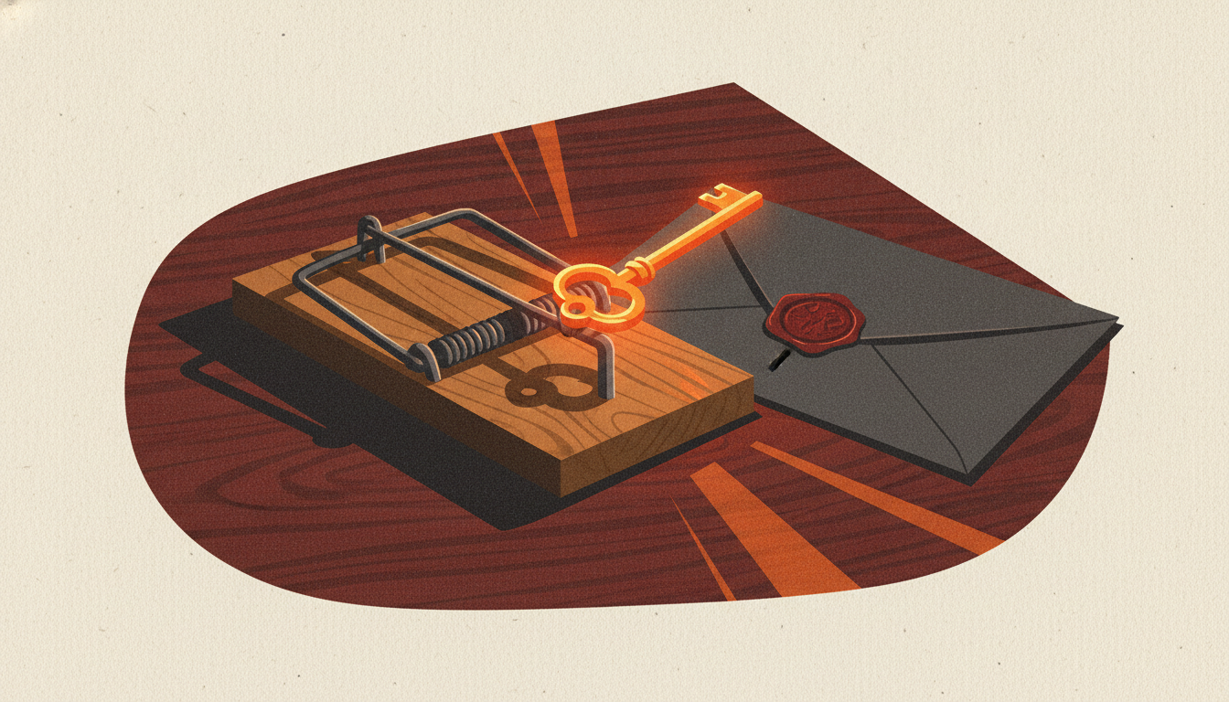 A brass key rests as bait on a wooden spring trap beside an official wax-sealed envelope on a dark wooden desk.